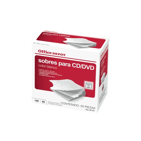 SOBRES PARA CD/DVD OFFICE DEPOT BLANCOS 100 PIEZAS - Envío Gratuito