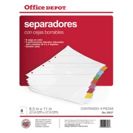 SEPARADORES INDICE OFFICE DEPOT BORRABLES 8 DIV - Envío Gratuito