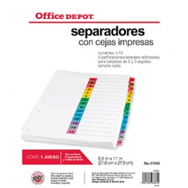 SEPARADORES INDICE OFFICE DEPOT 15 DIV NUMERADO - Envío Gratuito