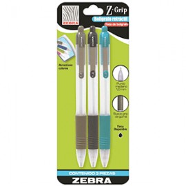 PLUMA RETRACTIL ZEBRA Z-GRIP COLORES CON 3 PIEZAS - Envío Gratuito